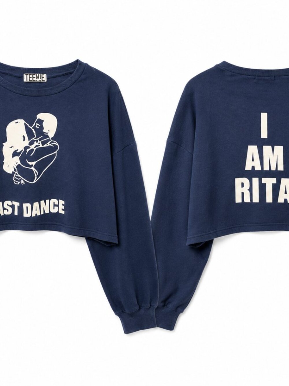 TEENIE Navy Cropped Graphic Sweatshirt “Last Dance” “I Am Rita” Long Sleeve Top - Picture 3 of 3